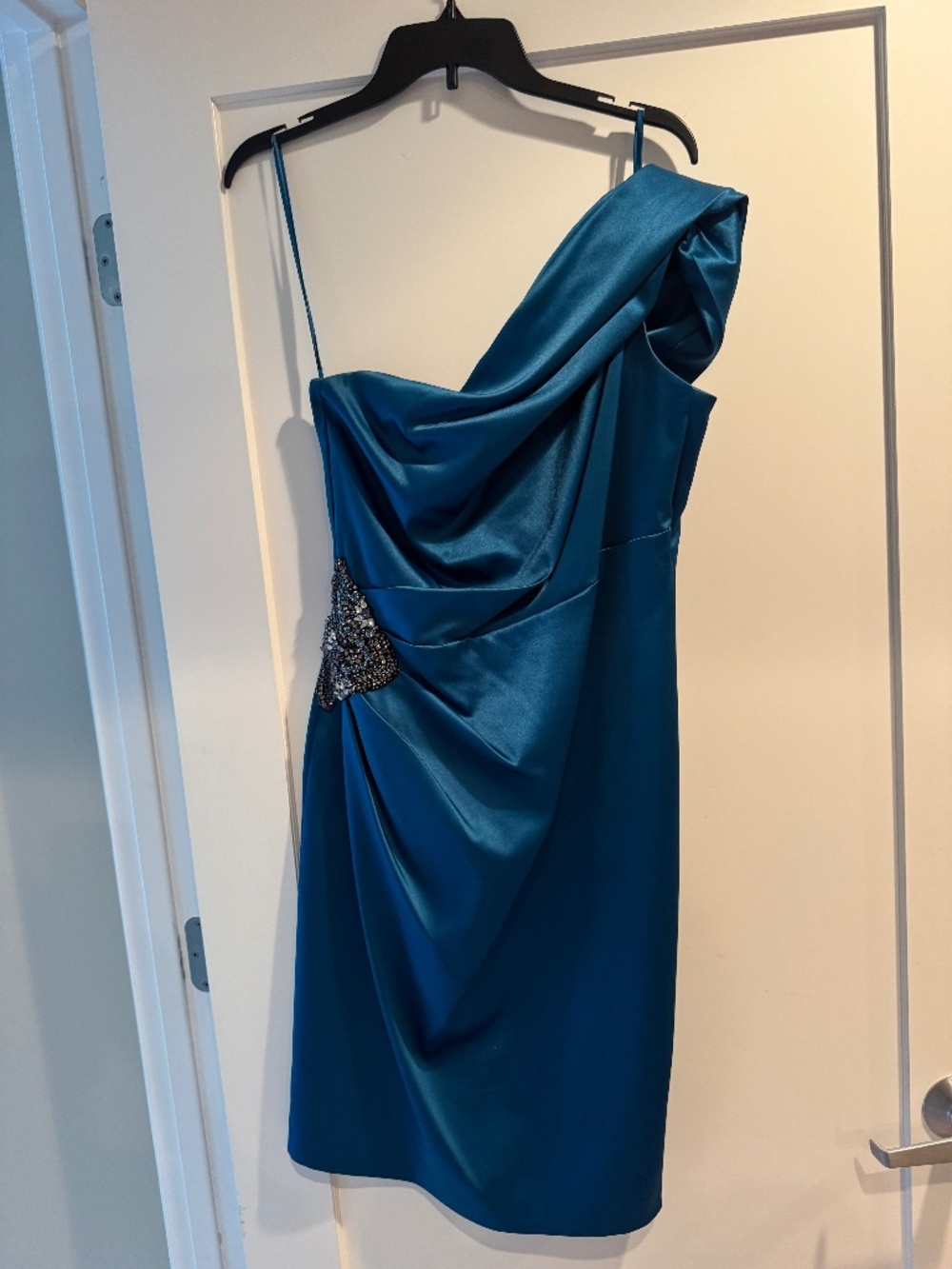Eliza J One-Shoulder Teal Satin Cocktail Dress, size 12